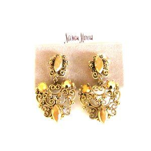 Gerard Yosca  Byzantine Filigree Gold Tone Amber Rhinestones Clip-On Earrings